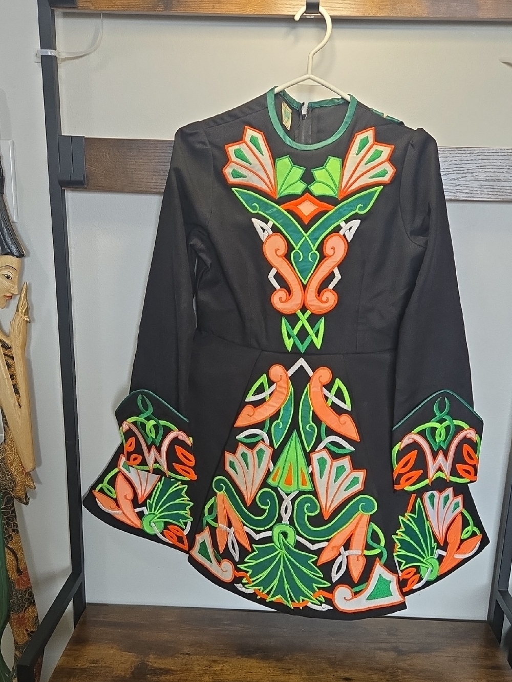 Black Irish Dance Dress Bright Orange & Neon Green Embroidery Celtic 3/5 Vtg
